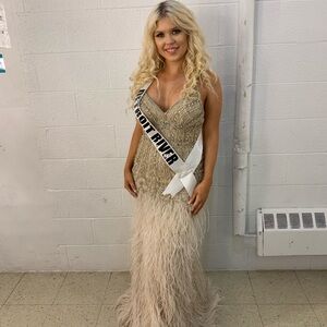 Jovani Cream Beaded Dress with Feather Skirt